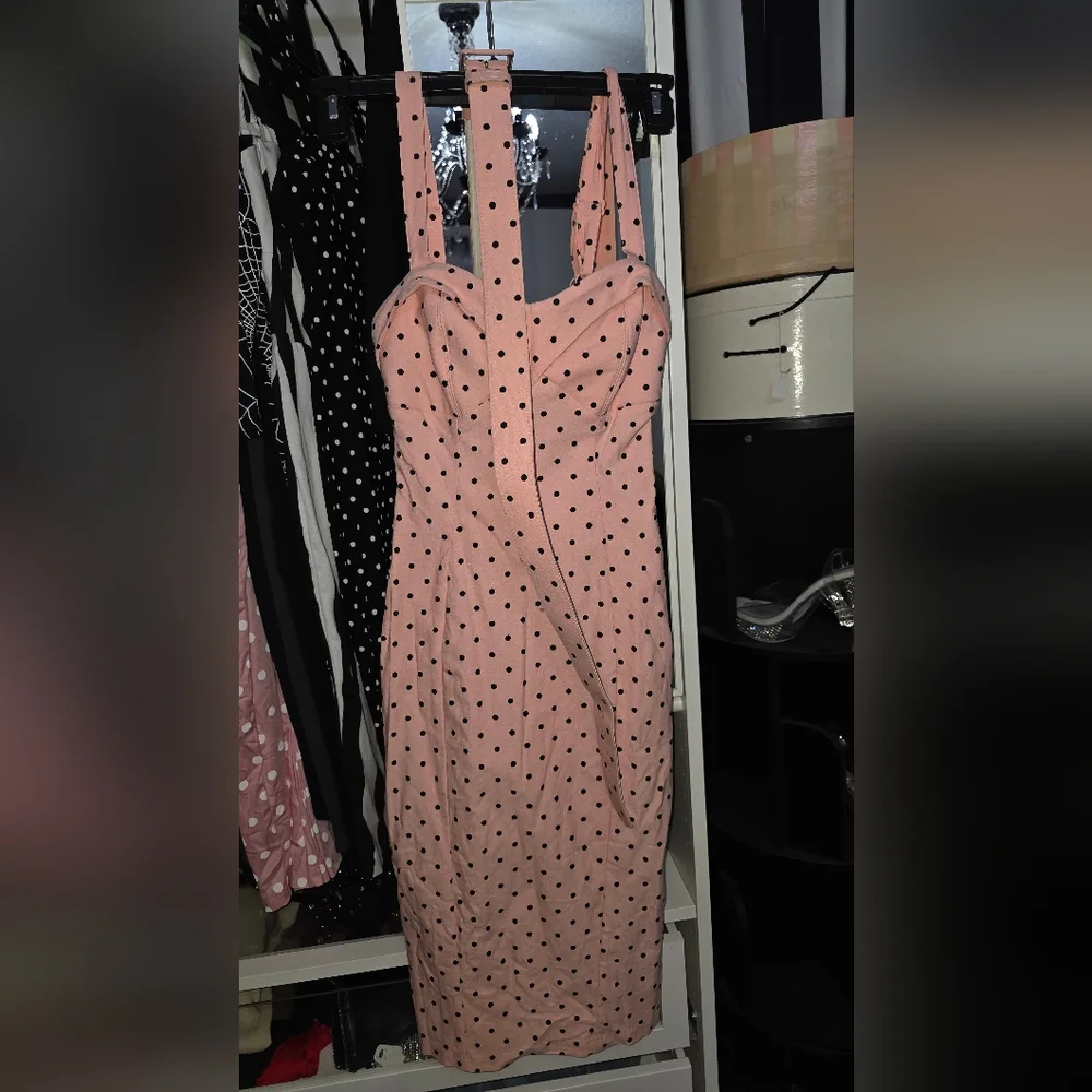 Vixen by Micheline Pitt Pink Polka Dot Midi Dress with Belt - Picture 6 of 7